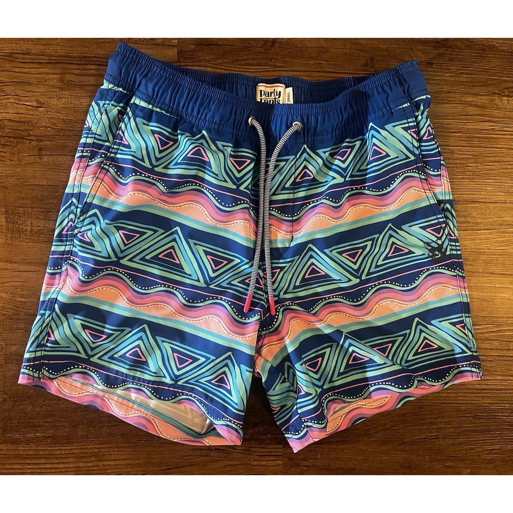 Party Pants Mens Small Seersucker Pink & Blue Geometric Swim Trunks Party I40